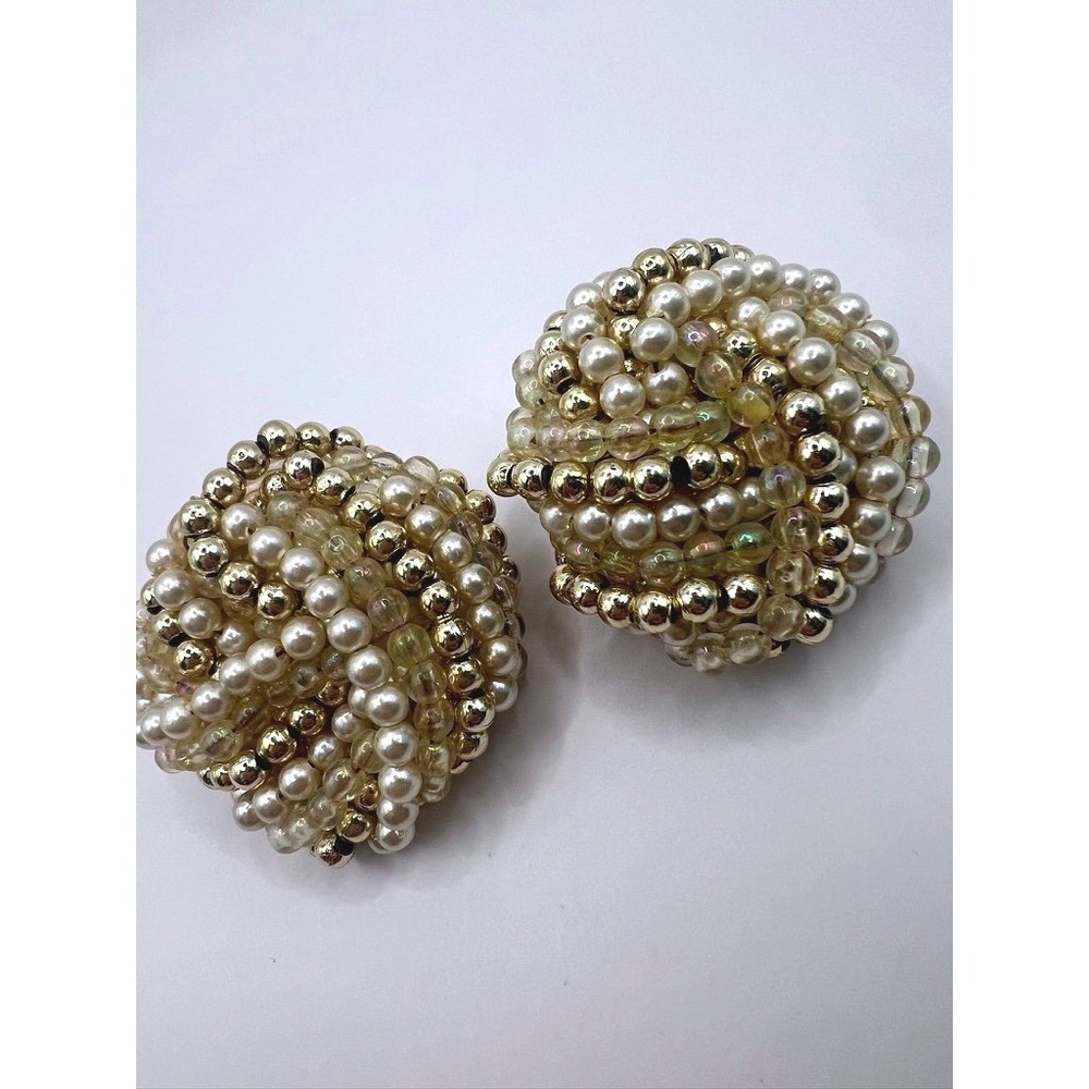 Vintage Earrings Faux Pearl Beaded Cluster 50s Clip On Gold Tone AB Crystal Dome